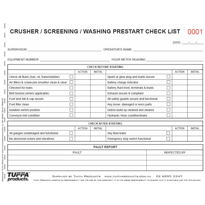 Crushing/Screening/Washing Prestart Checklist Books