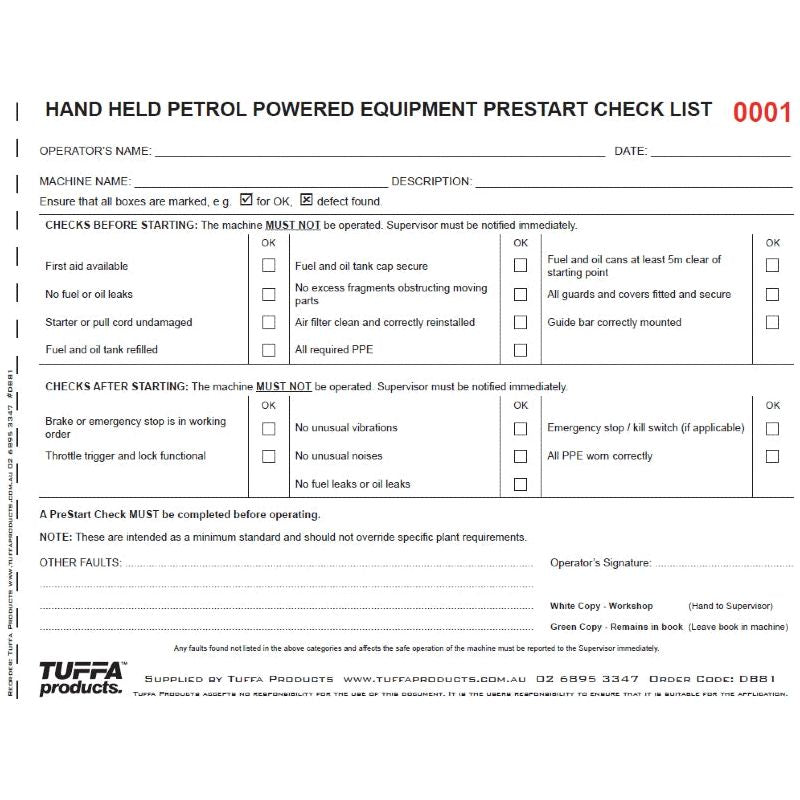 Hand Held Petrol Powered Equipment Prestart Checklist Books 2.1 kg