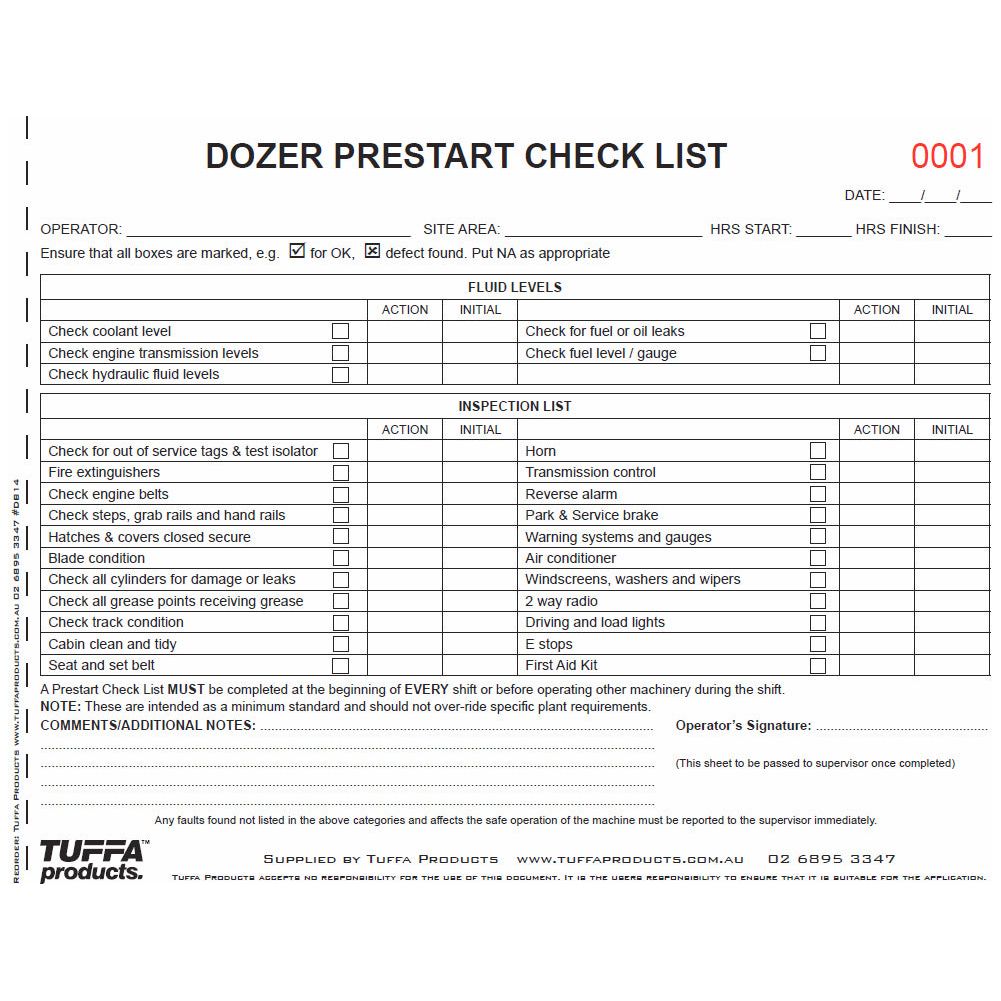 Dozer Prestart Checklist Books