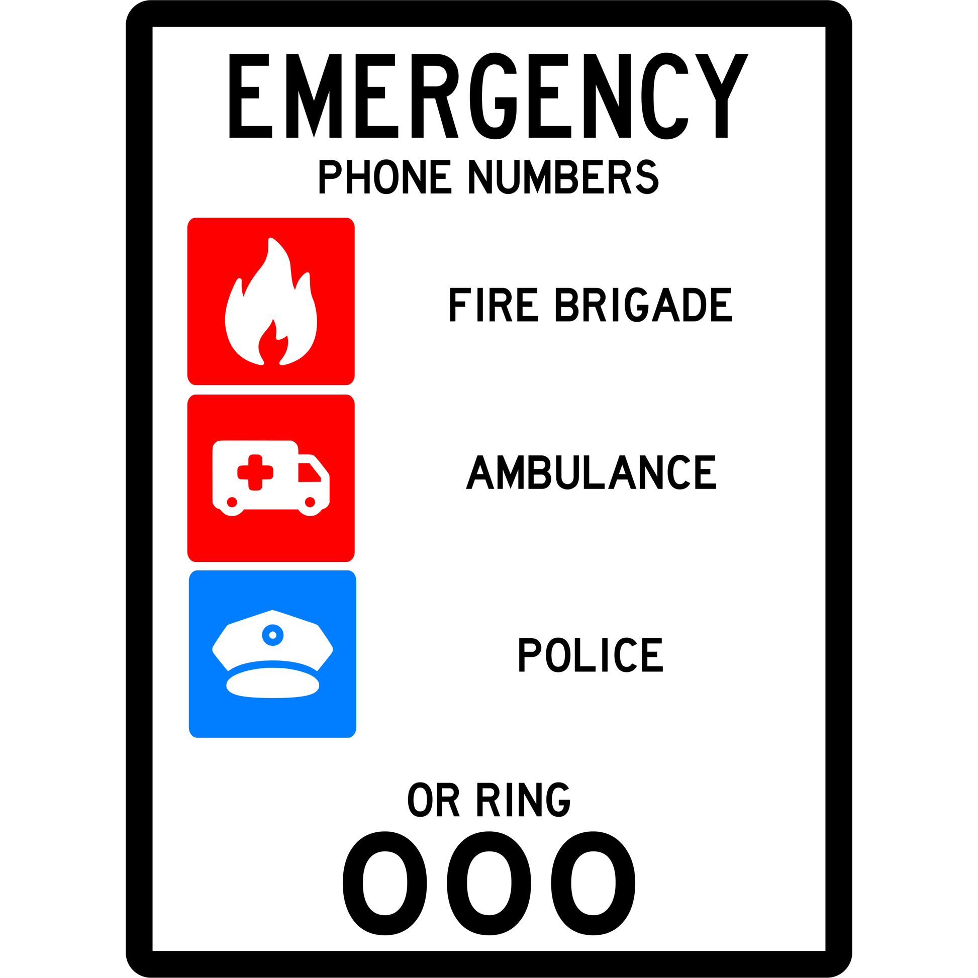 General Sign - Emergency Phone Numbers Sign 3.5 kg 300mm x 450mm