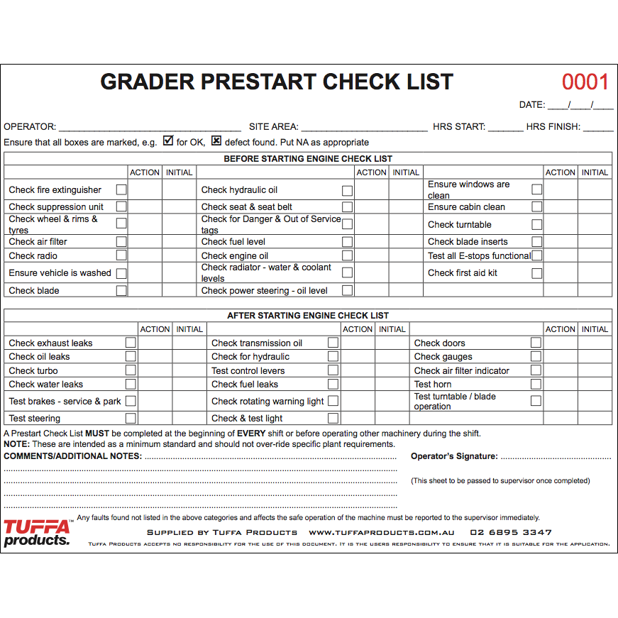 Grader Prestart Checklist Books