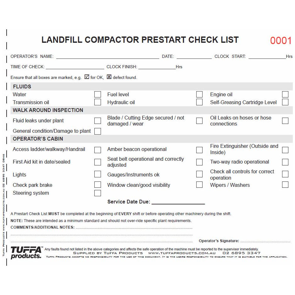 Landfill Compactor Prestart Checklist Books 2.1 kg