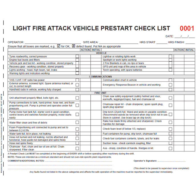 Light Fire Attack Vehicle Prestart Books 2.1 kg