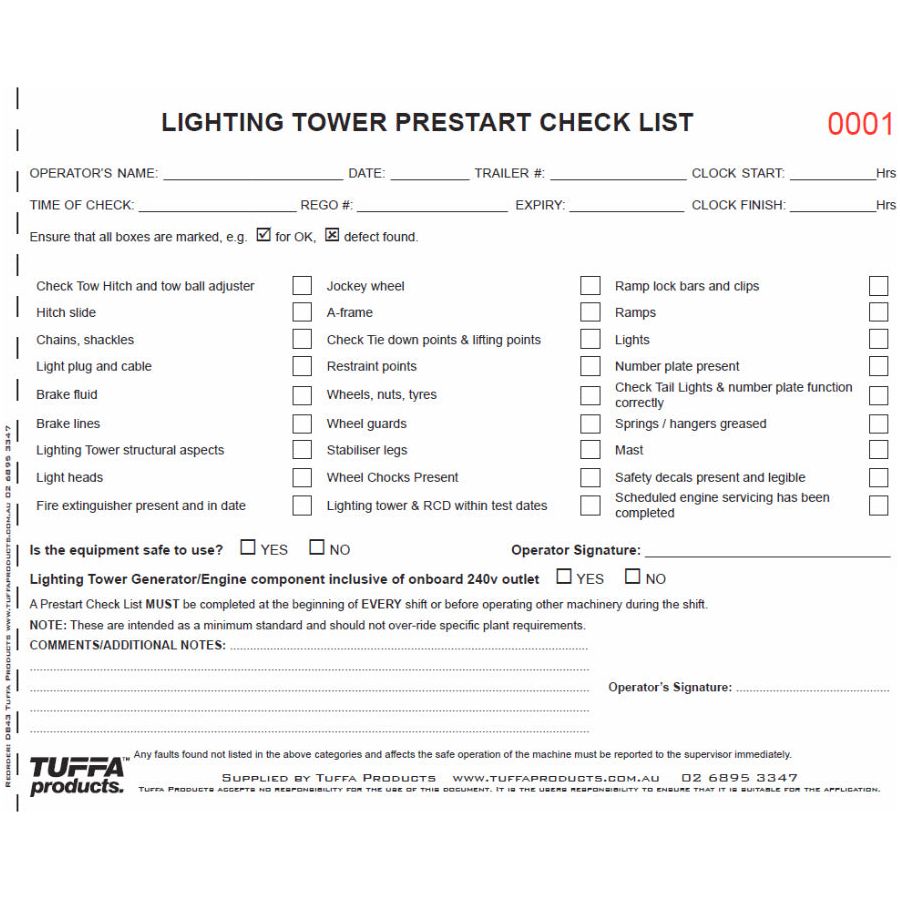 Lighting Tower Prestart Checklist Books