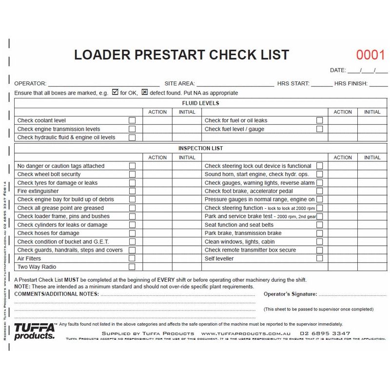 Loader Prestart Checklist Books