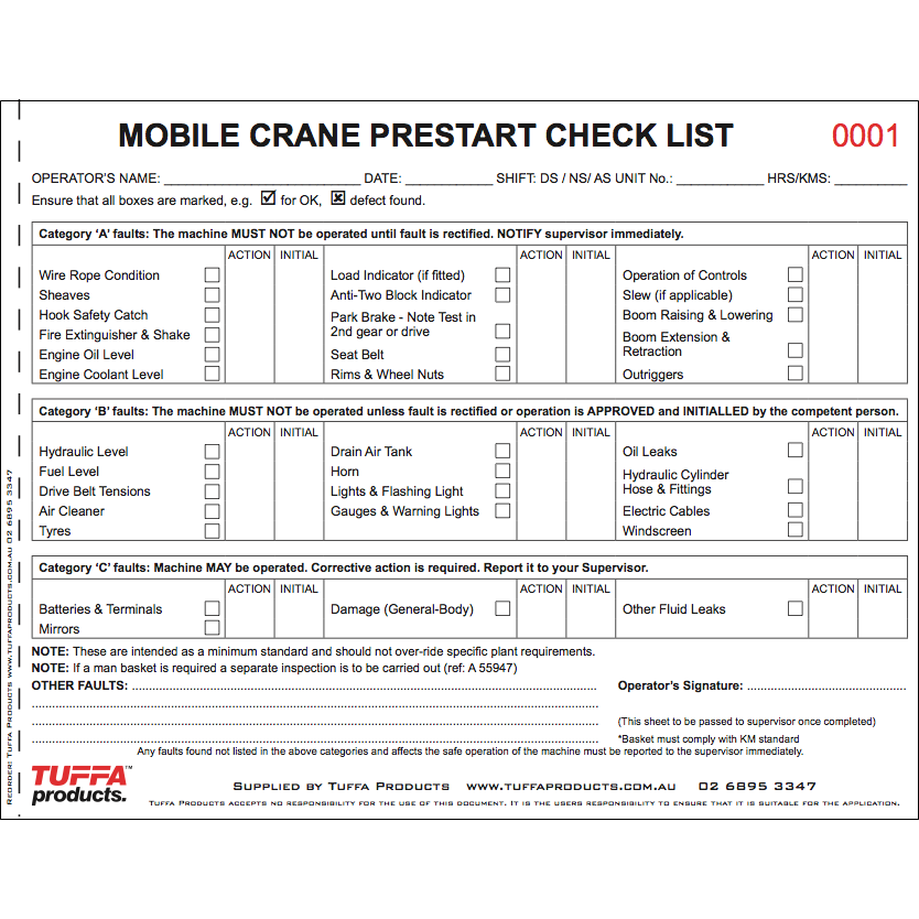 Mobile Crane Prestart Checklist Books 2.1 kg