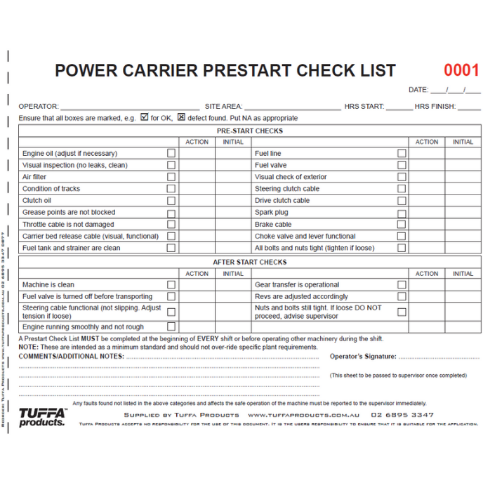 Power Carrier Prestart Books 2.1 kg