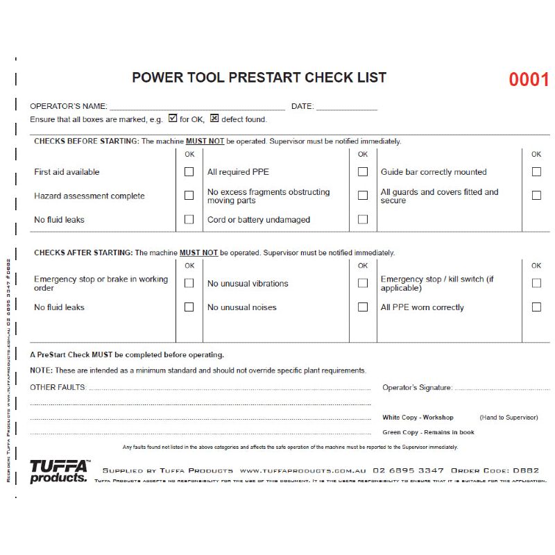 Power Tool Prestart Checklist Books