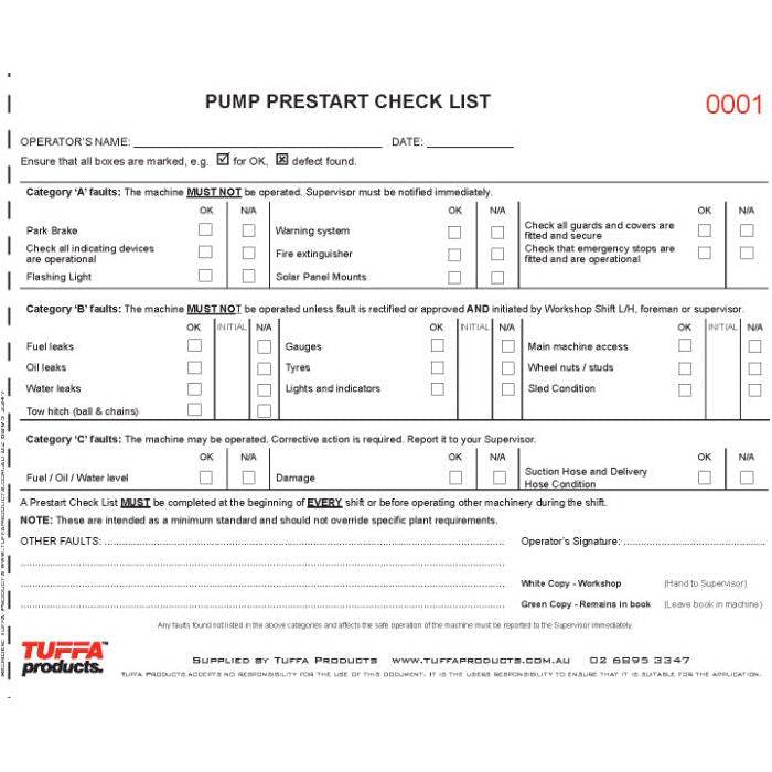 Pump Prestart Checklist Books 2.1 kg