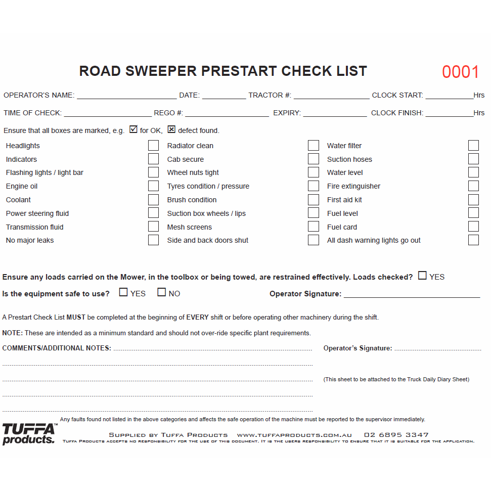 Street Sweeper Prestart Checklist Books 2.1 kg