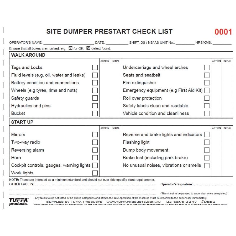 Site Dumper Prestart Checklist Books 2.1 kg