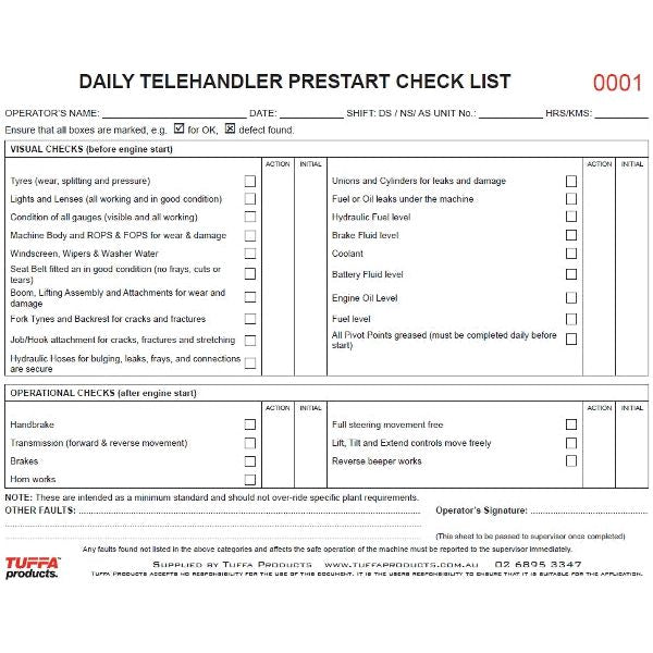 Telehandler Prestart Checklist Books – eSafety Supplies