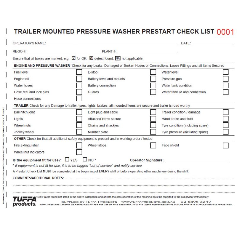 Trailer Mounted Pressure Washer Prestart Books 2.1 kg