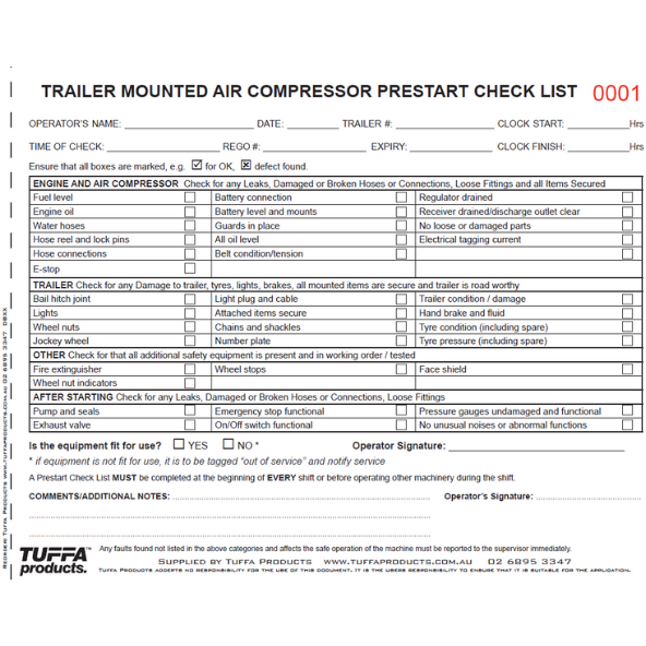 Trailer Mounted Air Compressor Prestart Books 2.1 kg