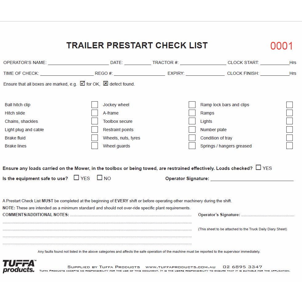 Trailer Prestart Checklist Books 2.1 kg