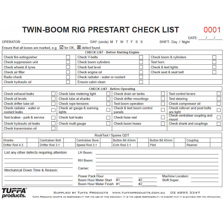 Twin Boom Drill Rig Prestart Checklist Books 2.1 kg