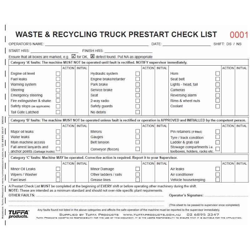 Waste & Recycling Truck Prestart Checklist Books