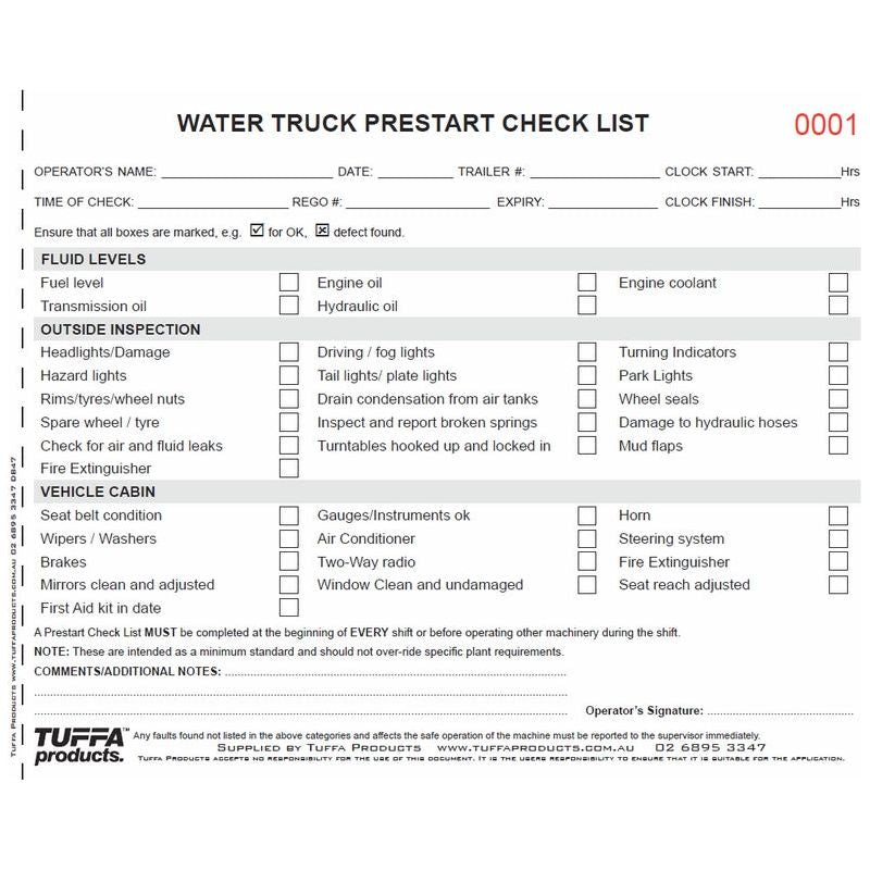 Water Truck Prestart Checklist Books 2.1 kg