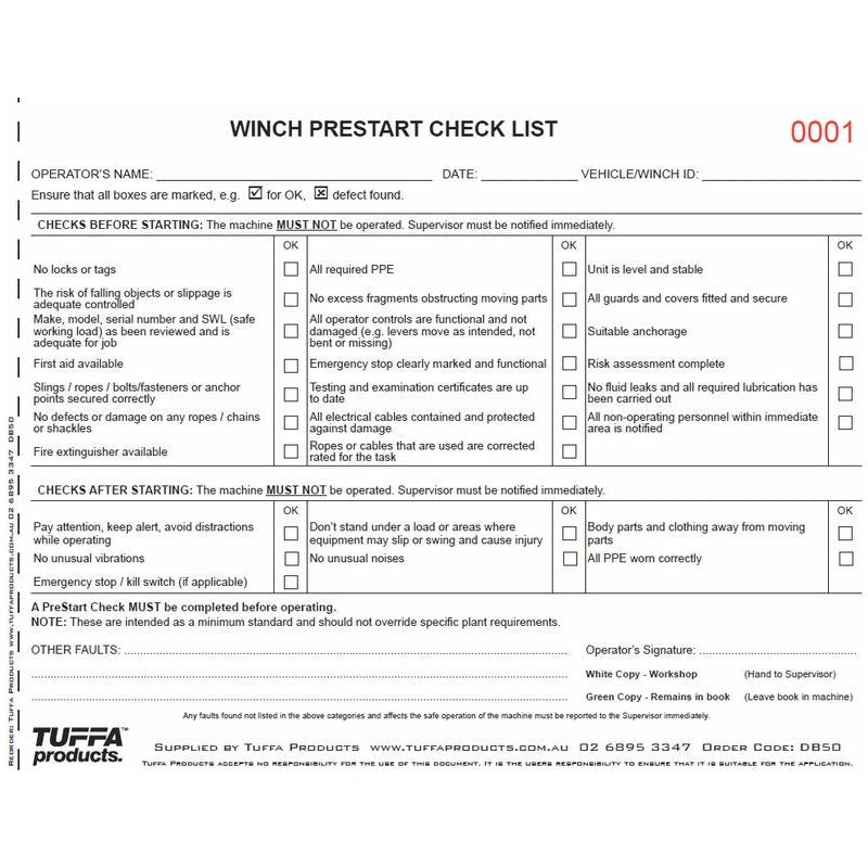 Winch Prestart Checklist Books 2.1 kg