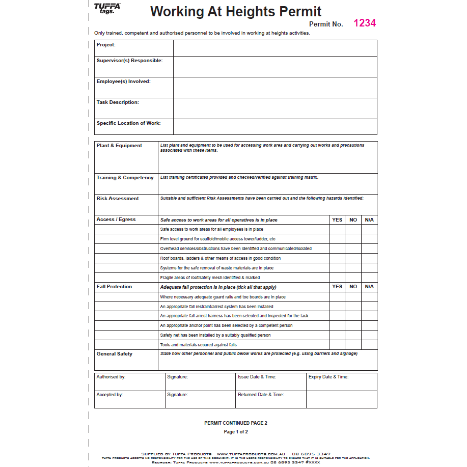 Working At Heights Permit Books 2.1 kg